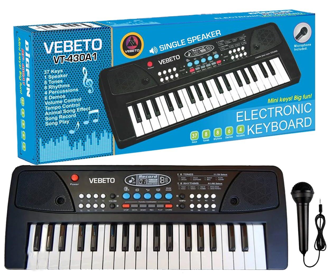 Vebeto kids piano with mic (1 year warranty) 37 keys 8 rhythms 8 tones 6 demosportable electronic keyboard toy beginners educational songs recording musicaltoys age 2 3 4 5 years boys girls