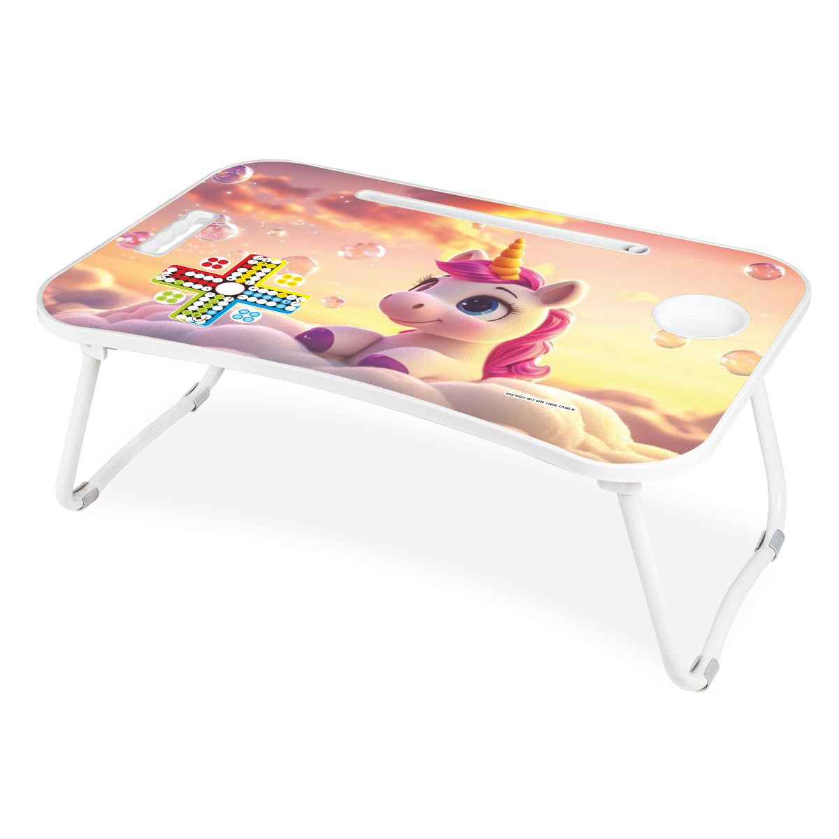 Amazon brand – jam & honey foldable laptop table with cup holder & ipadholder|with ludo dice and pawns|work desk accessories for reading, studying|cuteunicorn|engineered wood, 60.6Cm, 38.7Cm