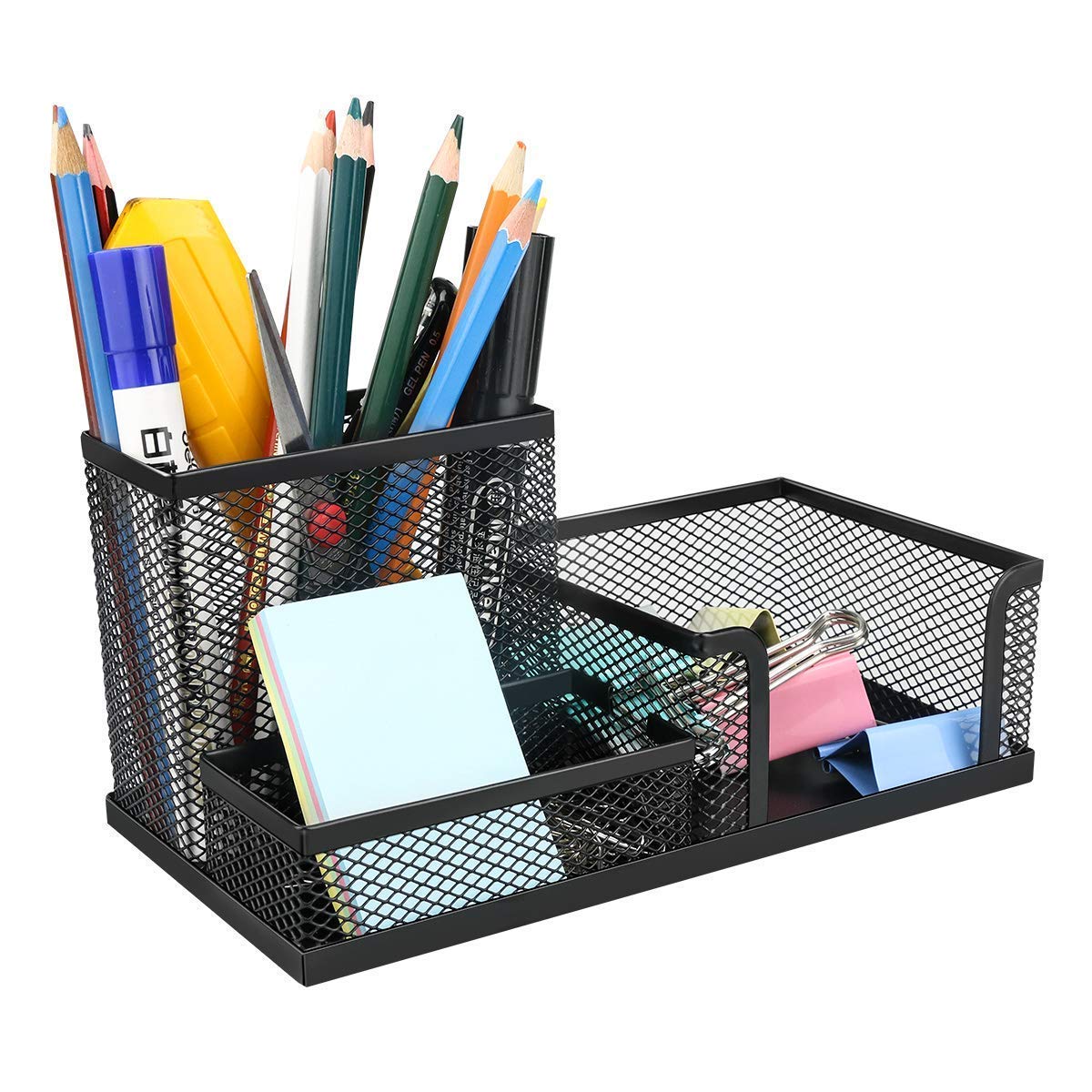 Heather 3 compartment metal mesh desk organizer | stationery pen stand | deskorganizer for home office study table etc | stationary storage stand pen pencilholder | black
