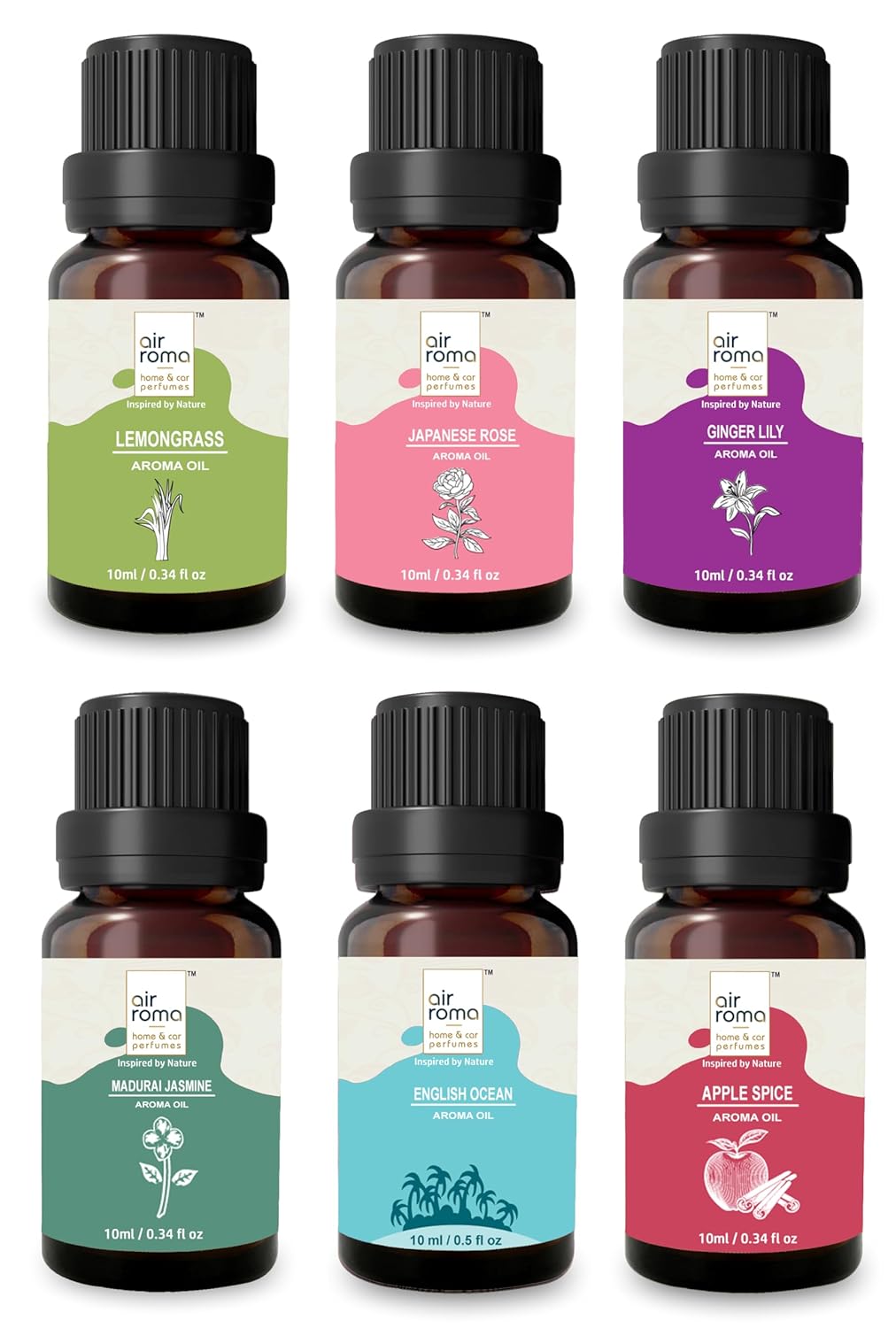 Air-roma aroma diffuser oil combo of 6 (lemon grass, japanese rose, maduraijasmine, apple spice, english ocean and ginger lily) 60ml for home, candle,office