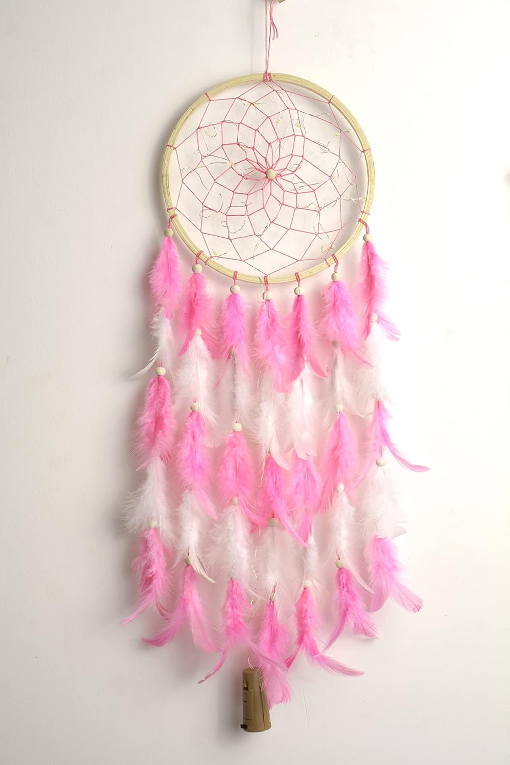 The urban artistic wood handcrafted dream catcher for bedroom,living room,homedecor with light, positive energy decorative show piece |rustic boho wallhanging | big size (color-pink, 7inch ring)
