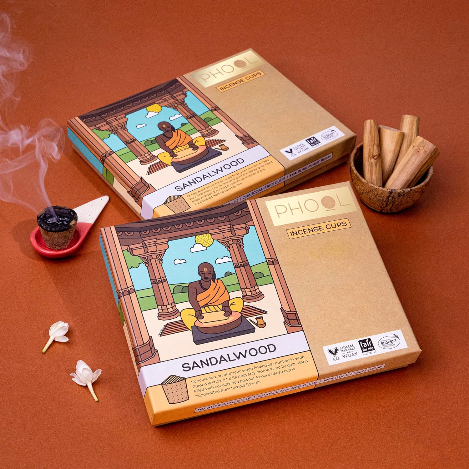 Phool luxury incense sandalwood havan cups i i navratri special pack i 16 havanpcs + 1 free stand i ecocert certified natural i dhuni for pooja i organicchandan fragrance dhuno