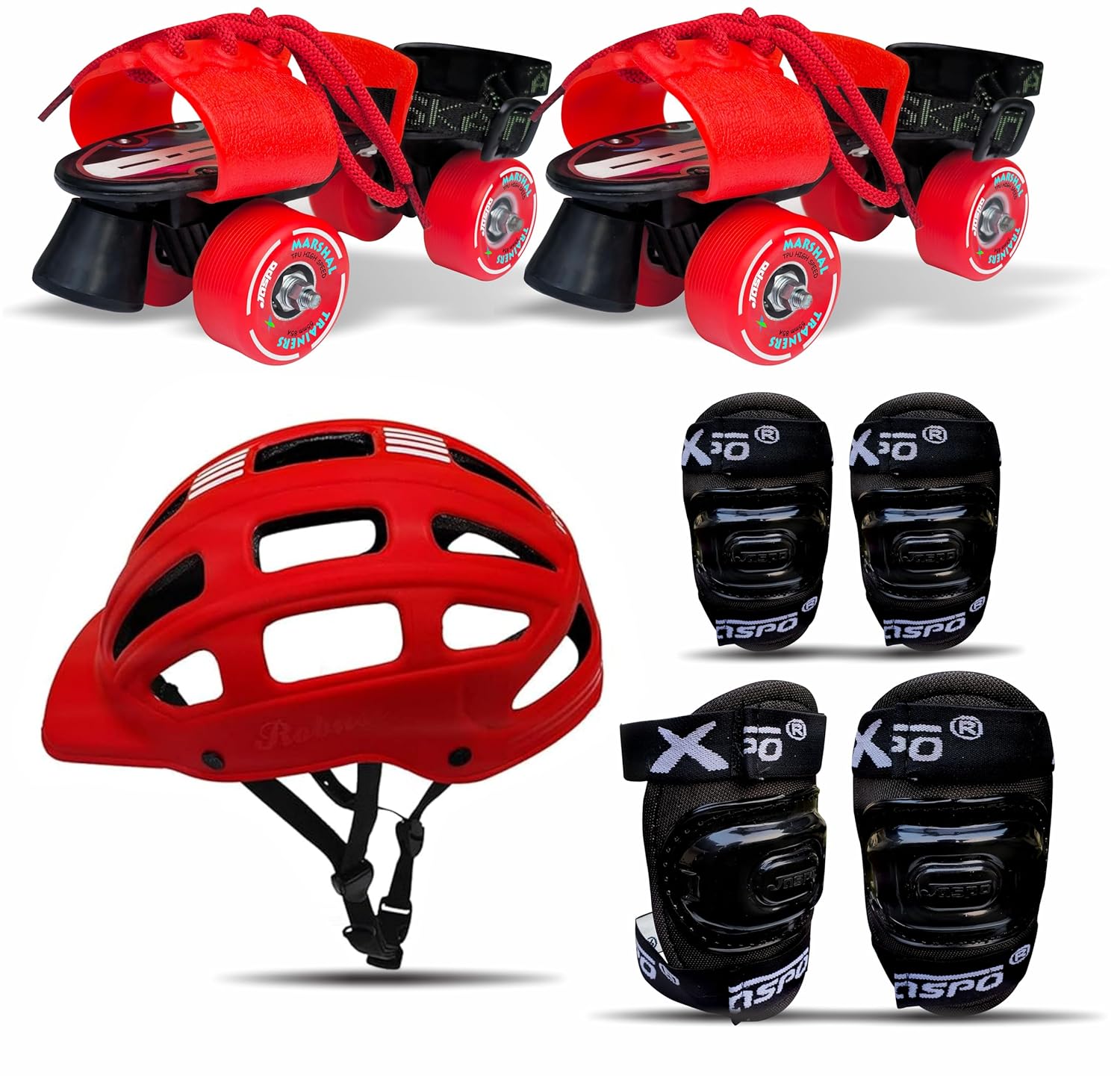 Jaspo marshal trainers adjustable roller skates combo (skates + helmet + knee &elbow guards), for age group 6 to 14 years, academy & school level skating,unisex_youth, speed_wheel (red)