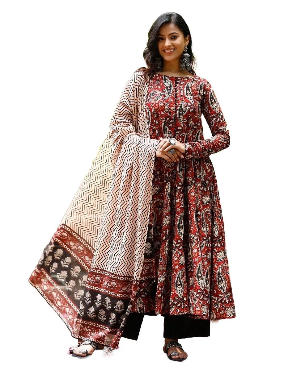 Nermosa women printed anarkali kurta and pant set with dupatta