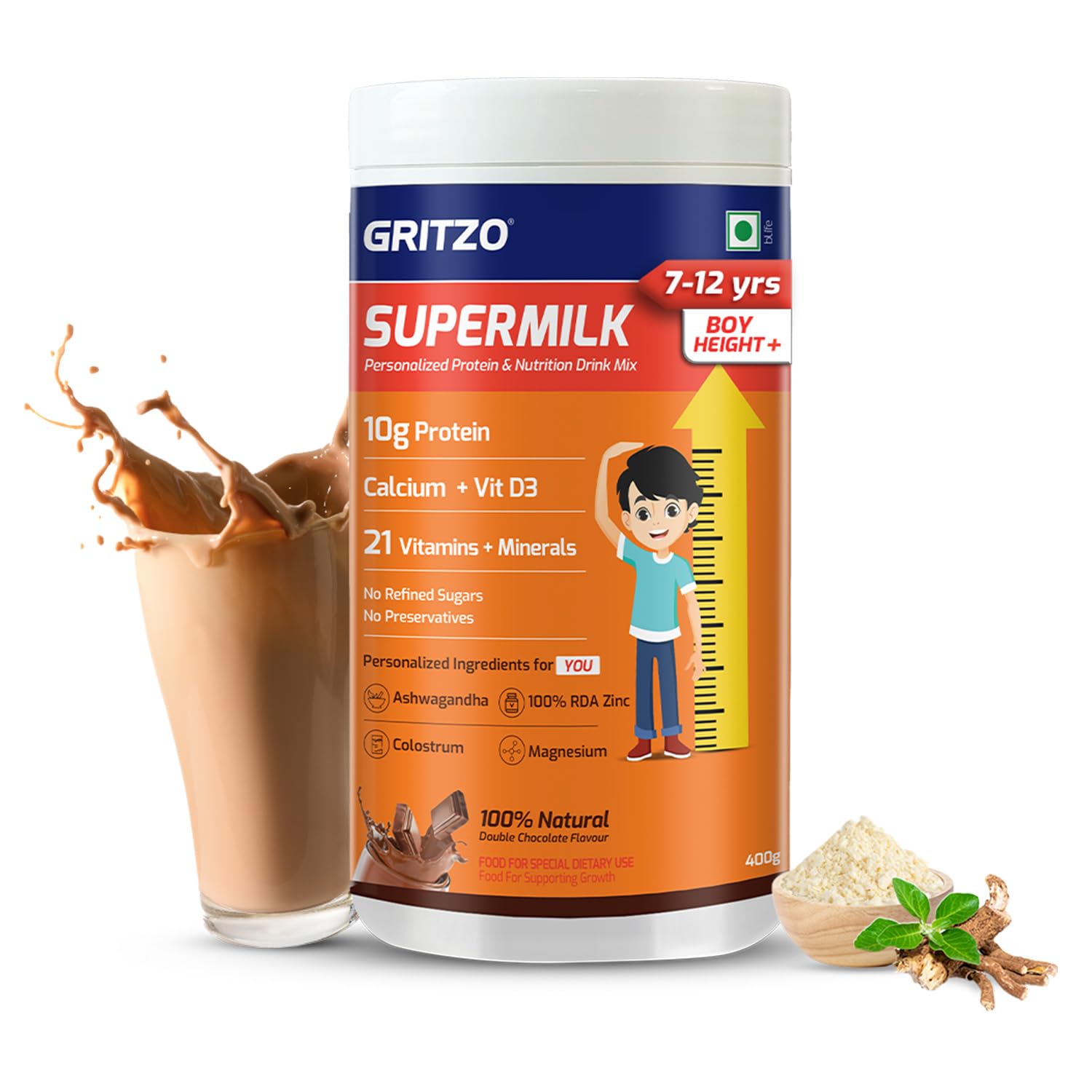 Gritzo supermilk height+ (7-12y boys), 10g protein powder (double chocolate,400g) | zero refined sugar, 21 vitamins & minerals