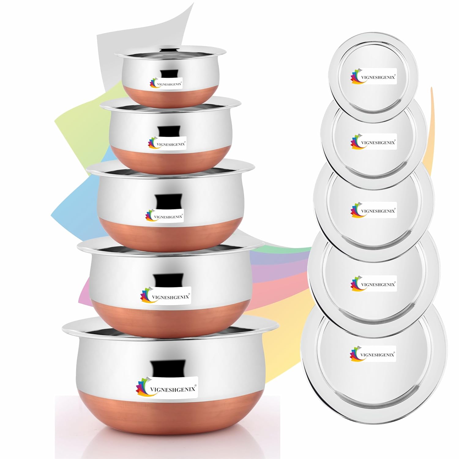 Vignesh stainless steel copper base serving bowls handi set of 5 pieces withlids, handi set with lid (400ml, 600ml, 800ml, 1100ml, 1500ml, 5 pieces, silver)