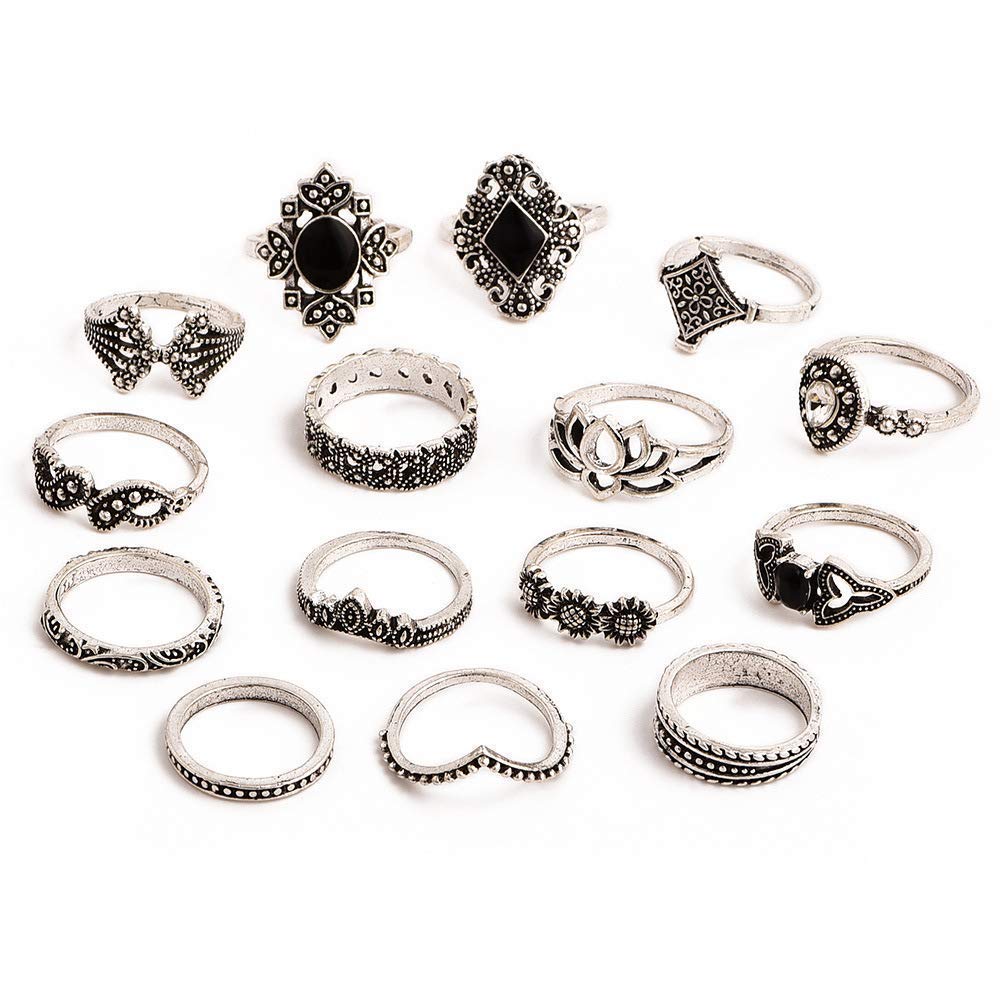 Youbella oxidised combo of 15 boho silver plated rings for girls and women(ybrg_20111a) (silver)