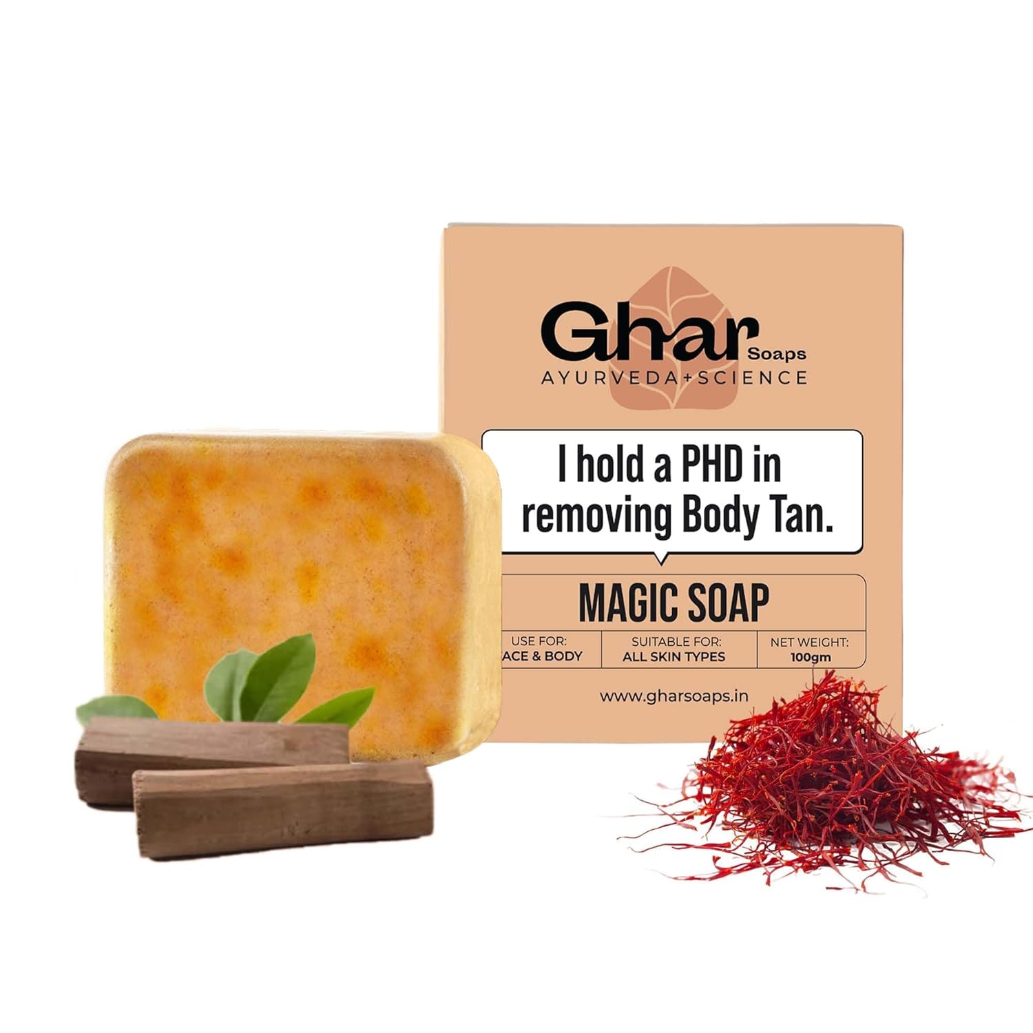 Ghar soaps sandalwood & saffron magic soaps for bath (100 gms pack of 1) |paraben free | chandan & kesar bath soap | handmade soaps for glowing | skinbrightening soap for men & women