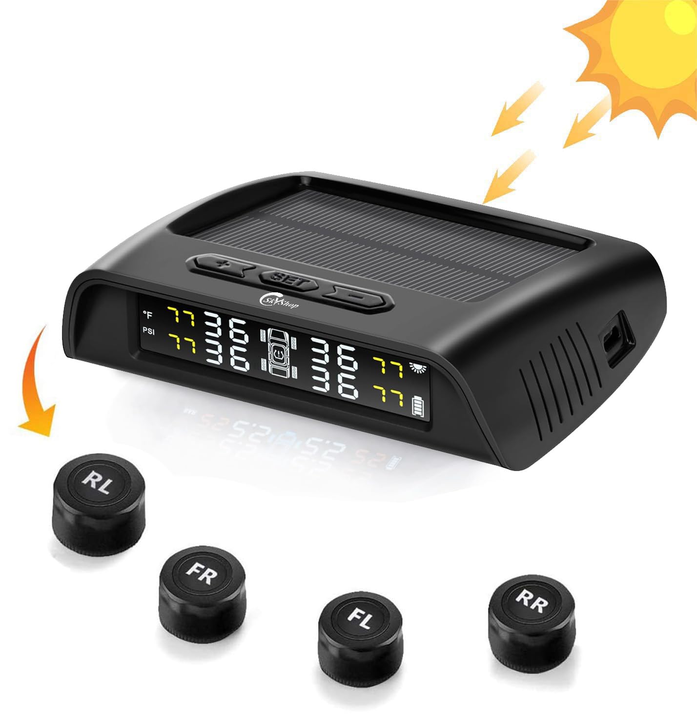Skyshop® c240 prime (voice alert) external usb/solar tpms (car tyre pressuremonitoring system) tire pressure & temperature display