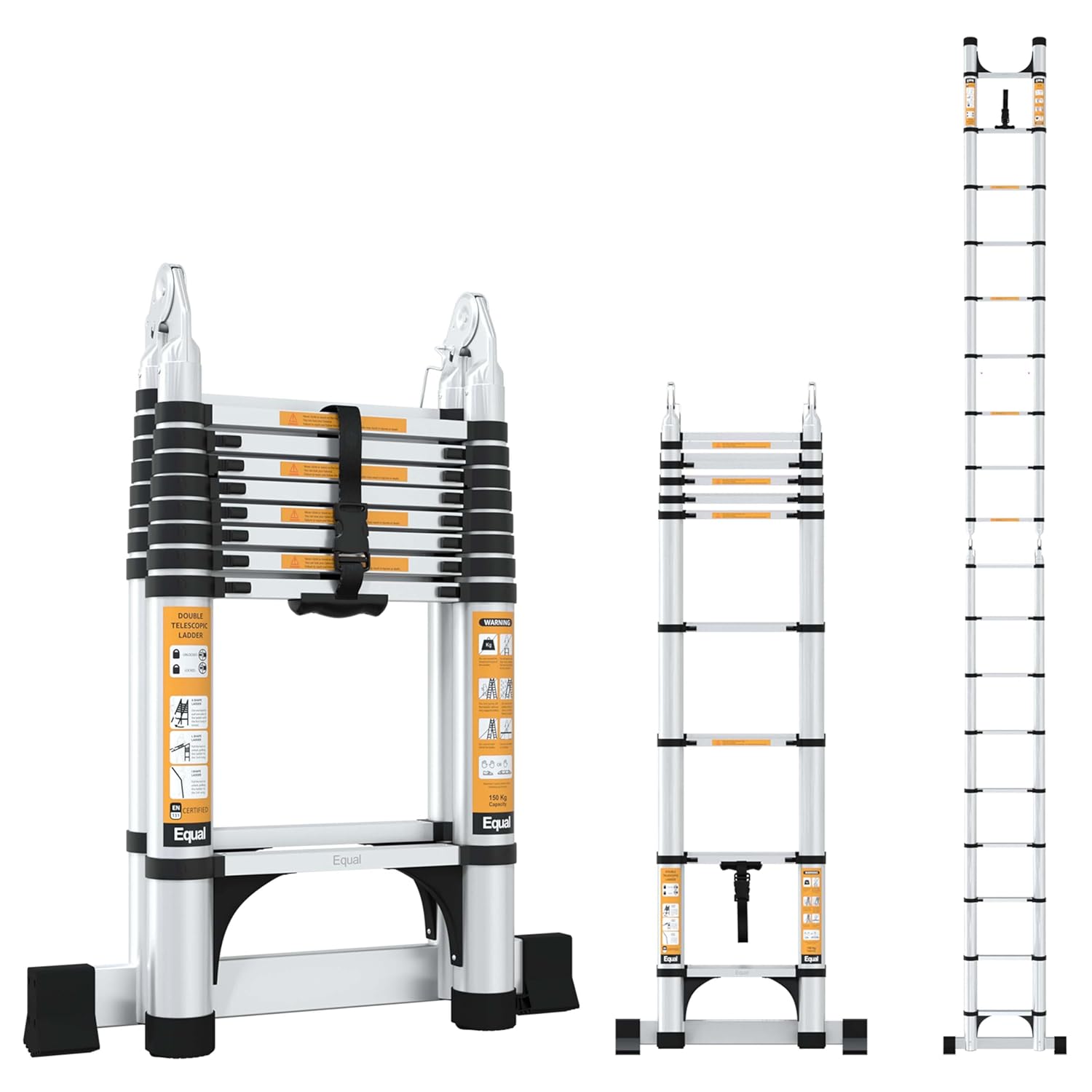 Equal 16.5 Ft 2-in-1 aluminum telescopic ladder with 2 triangle support &stabilizers | en131 certified with 2 year warranty | 150kg max capacity | ladderfor home or outdoor work (5m/8+8 step)