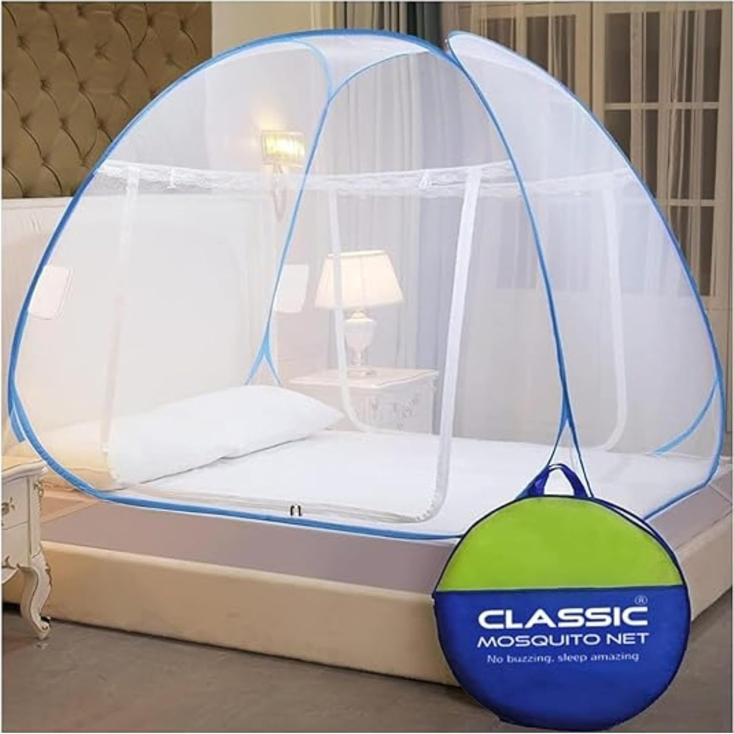 Classic mosquito net for double bed | king size with a mobile pocket | foldablemachardani | polyester 30gsm strong net | pvc coated corrosion resistant steelwire – blue
