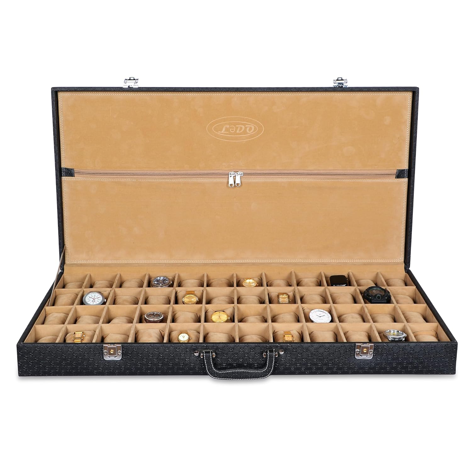Ledo men’s and women’s watch box holder organizer case in 48 slots of watches inpu leather with royal black & cream color