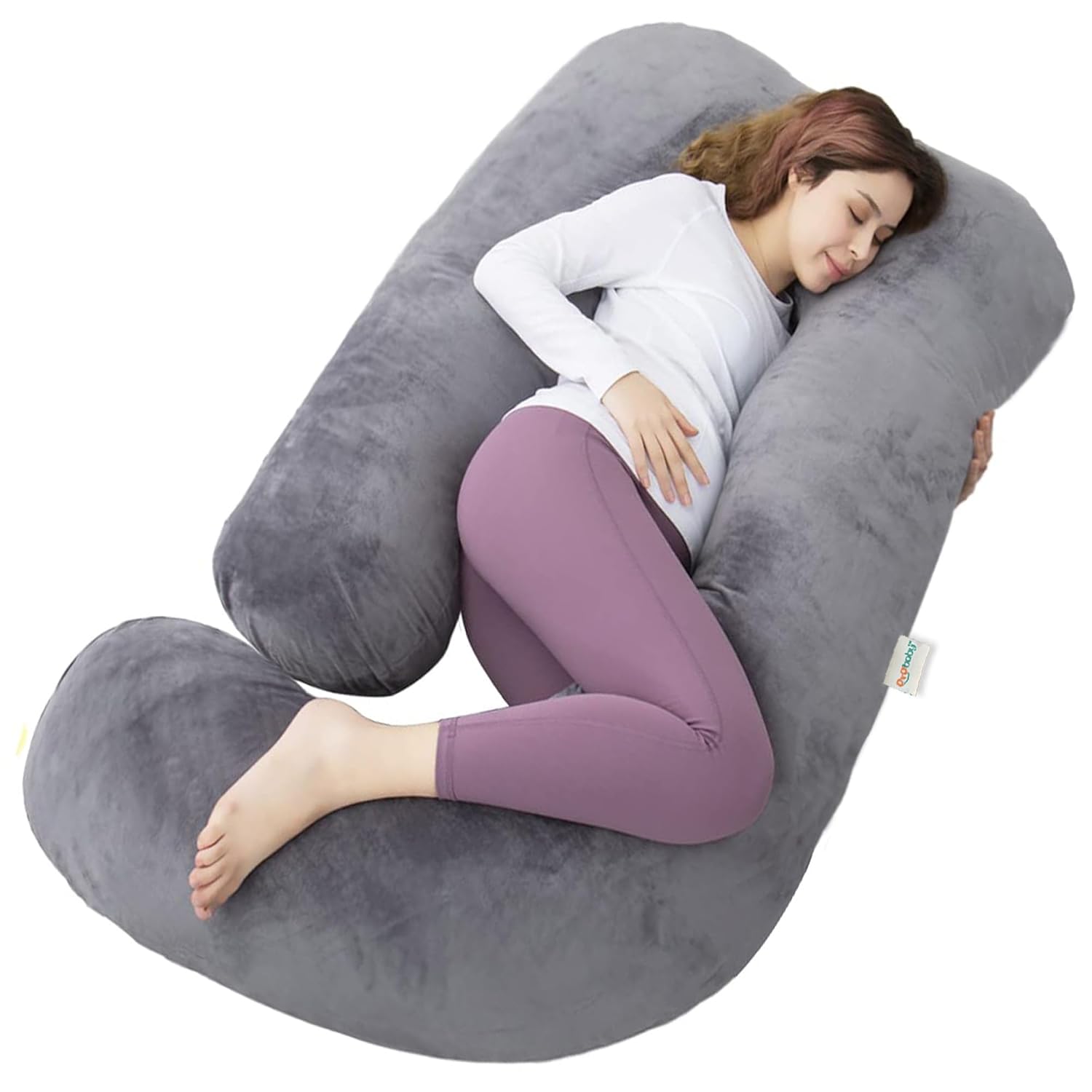 Oyo baby pregnancy pillows for sleeping j-shape full body pillow and maternitysupport – for back, hips, legs, belly for pregnant women with removable washablevelvet cover (grey)