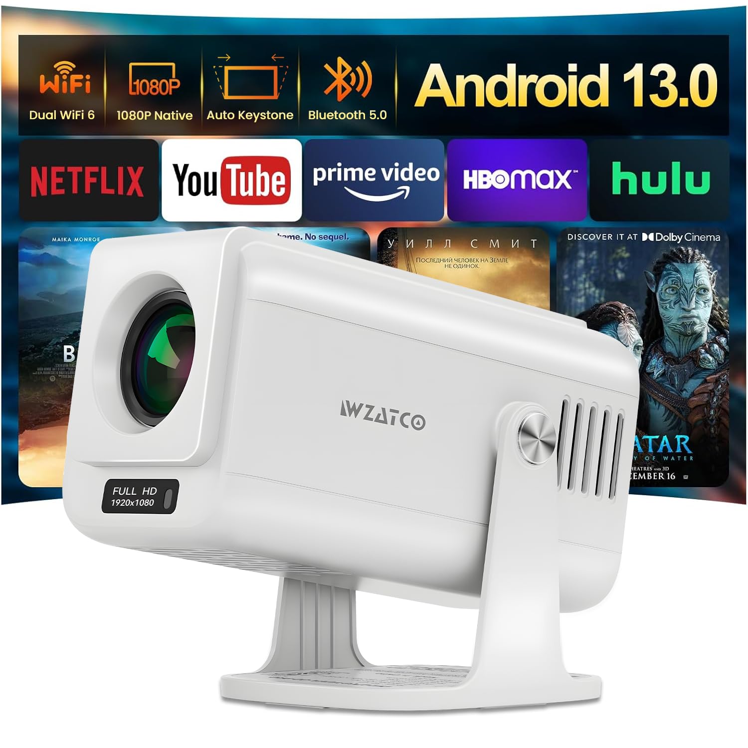 Wzatco yuva go pro native 1080p android 13.0 Smart projector, auto keystone, 4xbrighter, 4k hdr support, rotatable design with netflix, prime etc, wifi 6 & bt,screen mirroring, arc, white