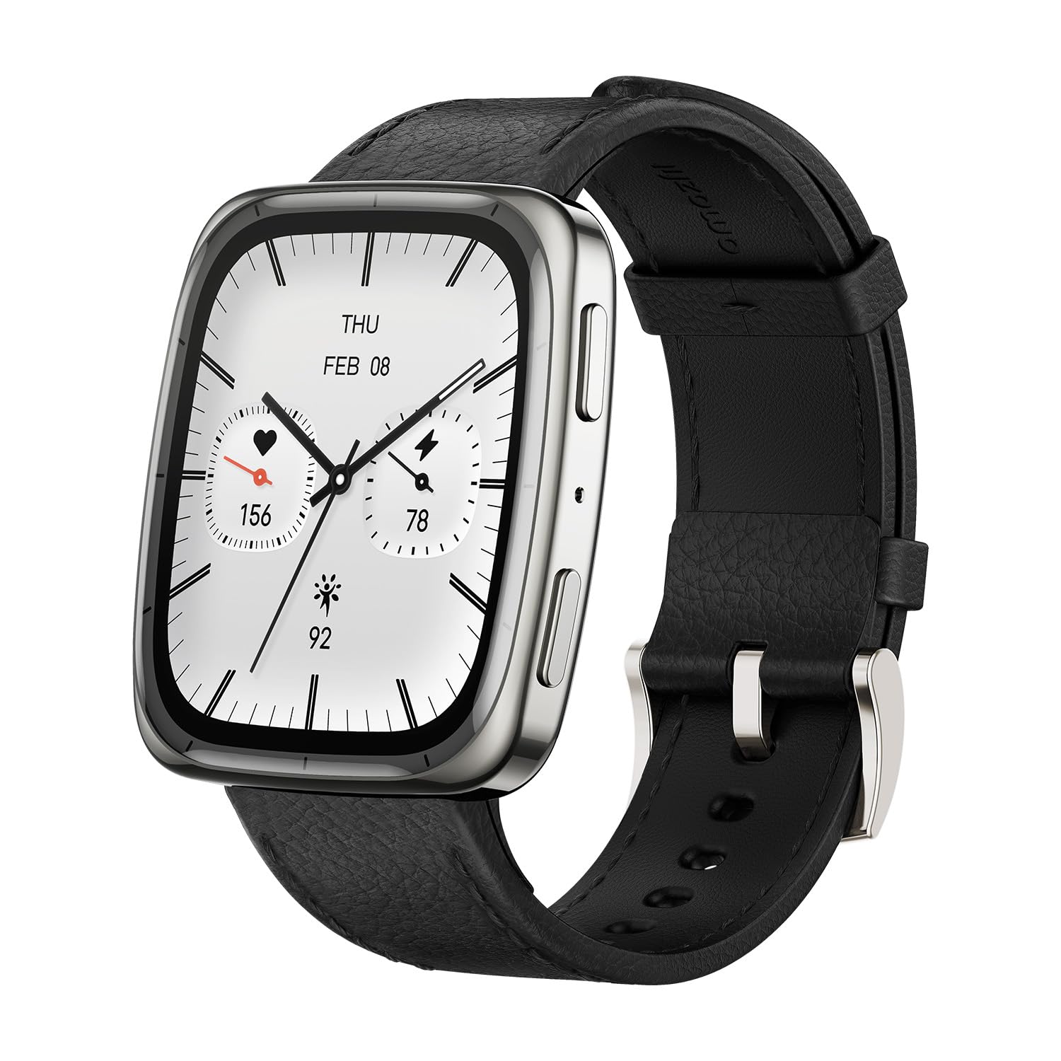 Amazfit active 2 square, 2000 nits bright amoled display, built in gps, 10daybattery, for android & iphone, accurate readings, bt call, sleep monitor, 5atmwater resistant, black leather