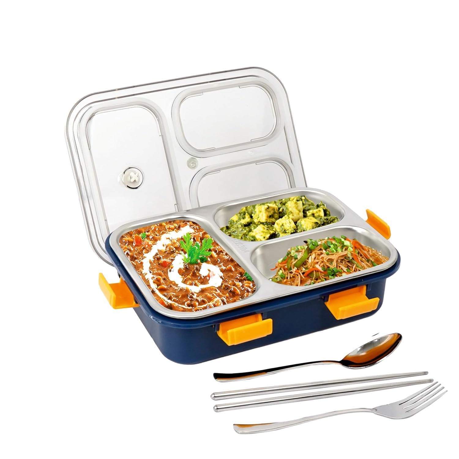 Eerlik lunch box 3 compartment leak-proof bpa free stainless steel for school,lunch box for school & office with a fork, a spoon and a pair of chopsticks (3compartment, blue)