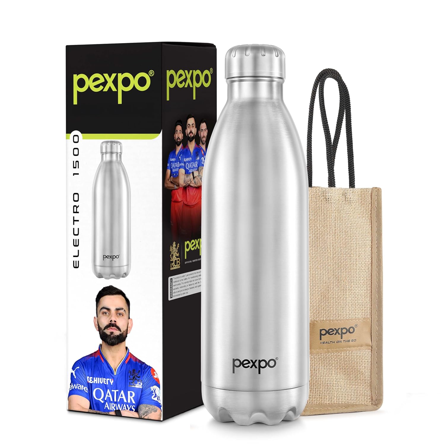Pexpo electro pro hot & cold vacuum flask with jute bag | 2 year warranty |stainless steel water bottle – 1500ml silver | thermoflask | office bottle |workout | travelling | home| rcb edition
