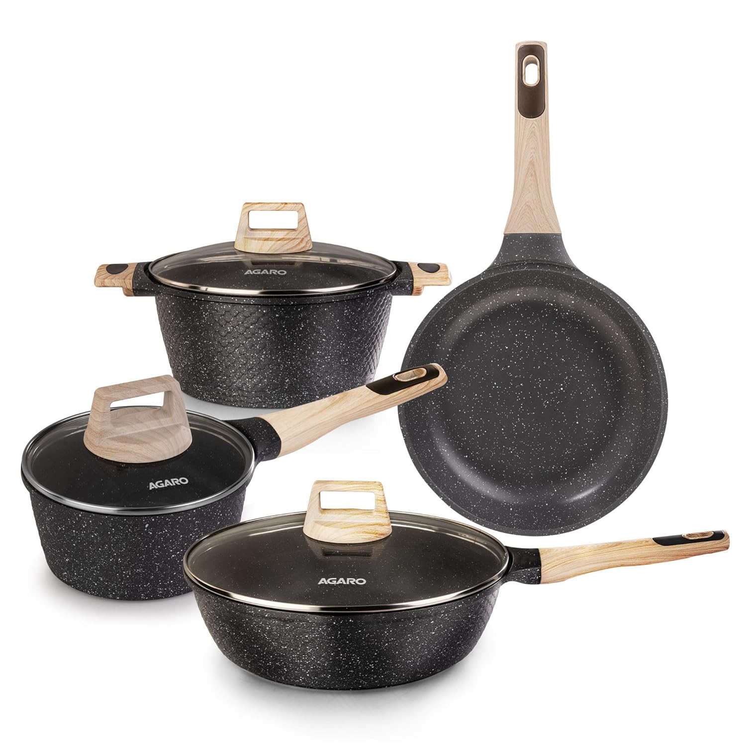 Agaro imperial granite non-stick cookware set, 4pcs: 24cm fry pan & casserole,16cm sauce pan, 28cm deep fry pan with lids, cast aluminium, gas & inductioncompatible