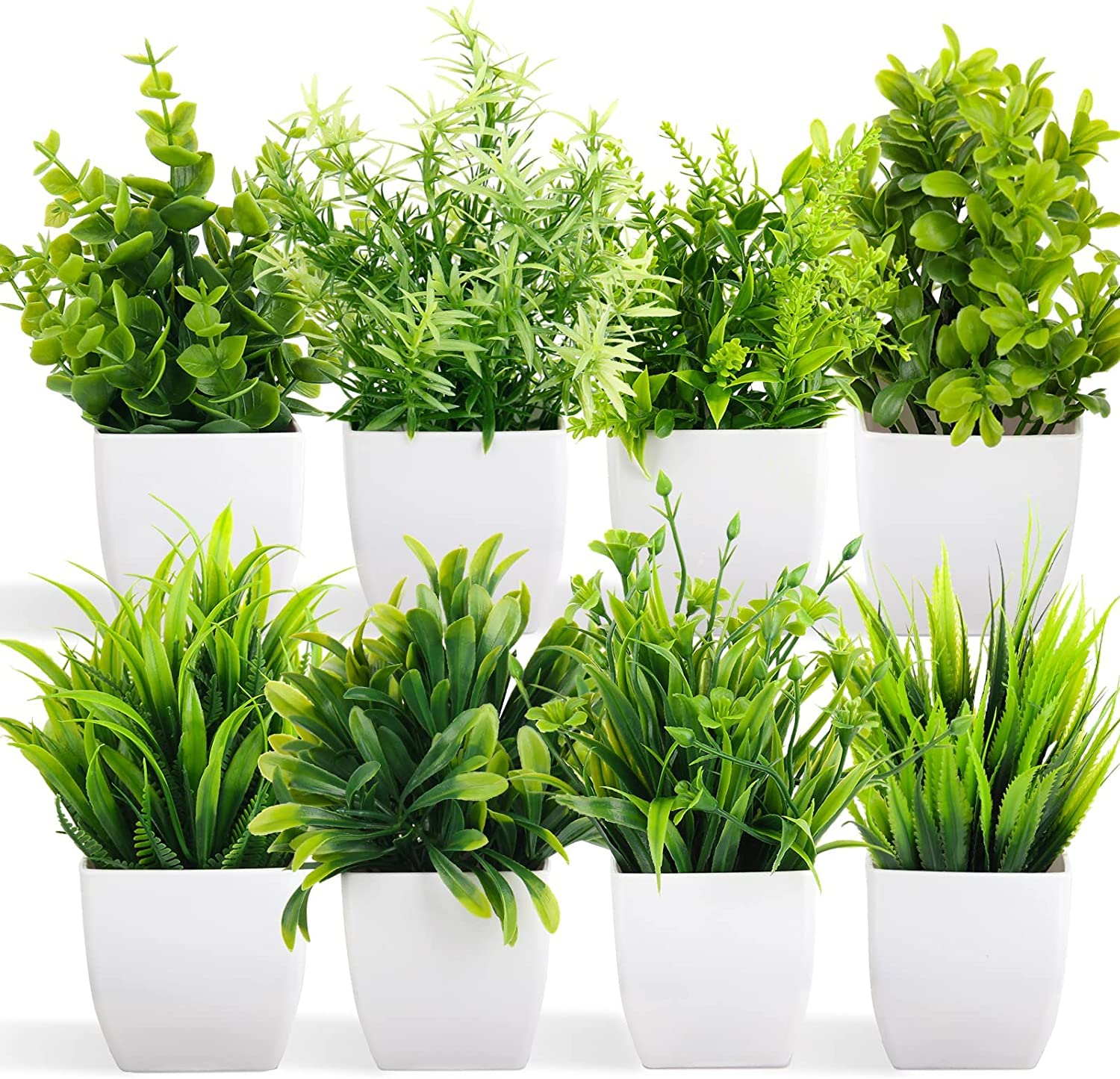 Dekorly artificial potted plants, 8 pack artificial plastic eucalyptus plantssmall indoor potted houseplants, small faux plants for home decor bathroomoffice farmhouse (set 0f 8)