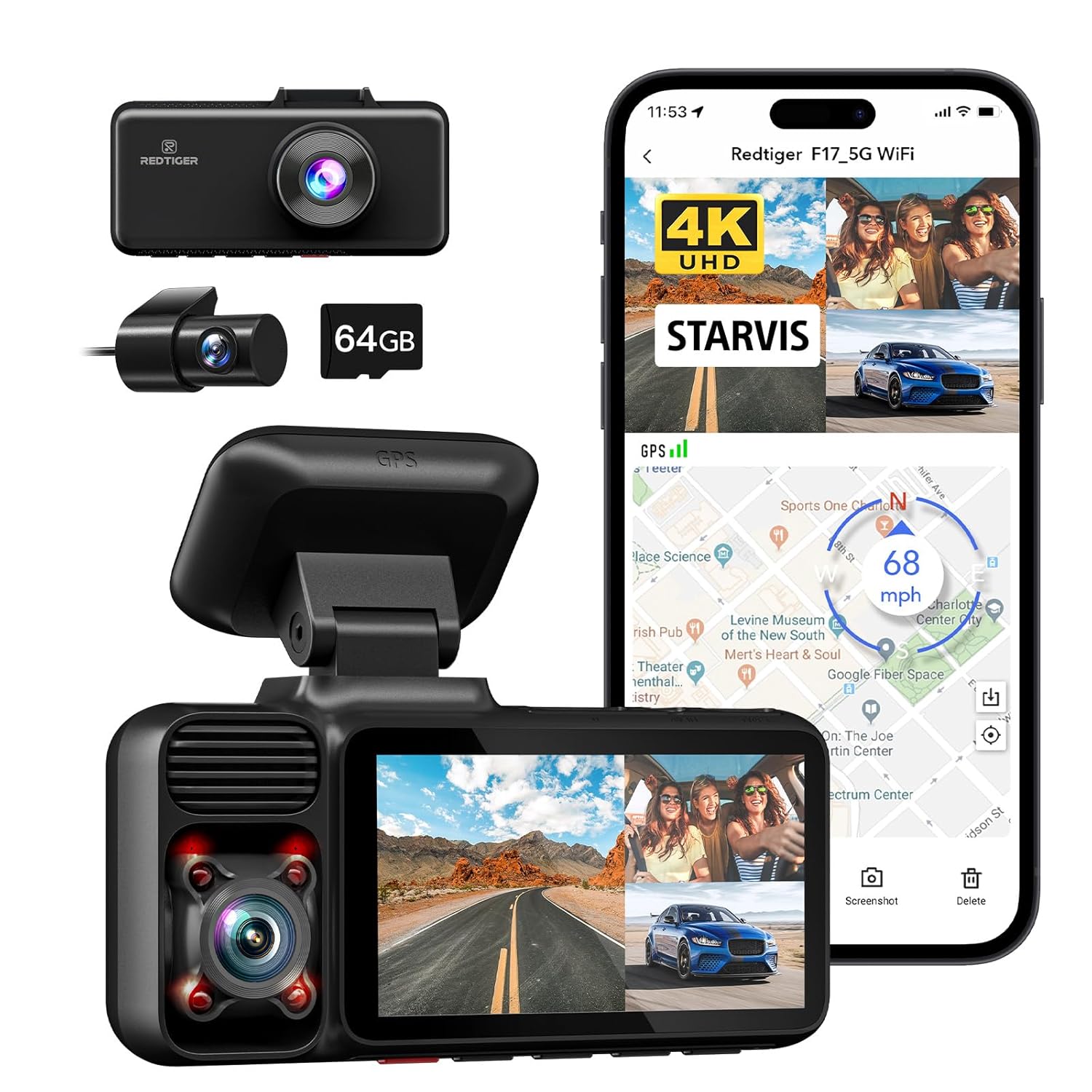 Redtiger 4k 3 channel dash cam 5g wifi built-in gps, free 64gb card,2160p+1080p+1080p front and rear inside loop recording, triple car camera with 3inch screen, ir night view, wdr, parking mode