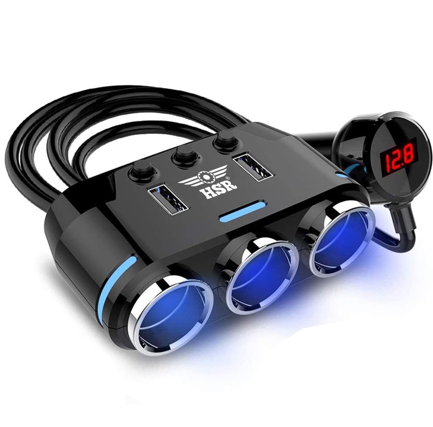 Hsr universal super fast charge car phone charger 3 socket led voltage displaydual usb car charger on/off switches 12v car splitter adapter – black
