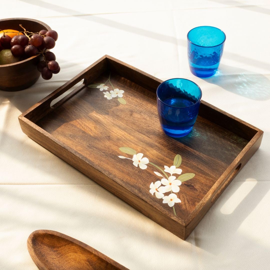 Aurum crafts bella mango wood medium tray | wooden handpainted serving tray |snacks serving tray for home kitchen and cafe restaurant (16 x 10.5 X 1.75 In)