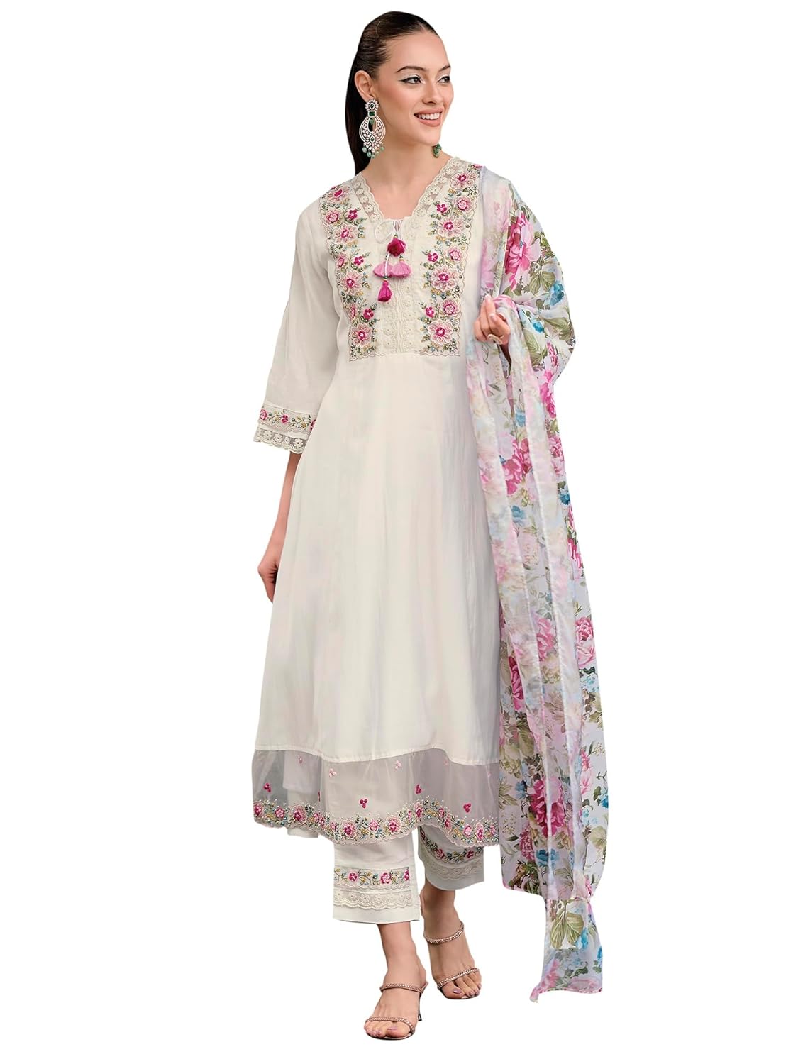 Indo era women’s silk blend embroidered a-line kurta pant with dupatta set