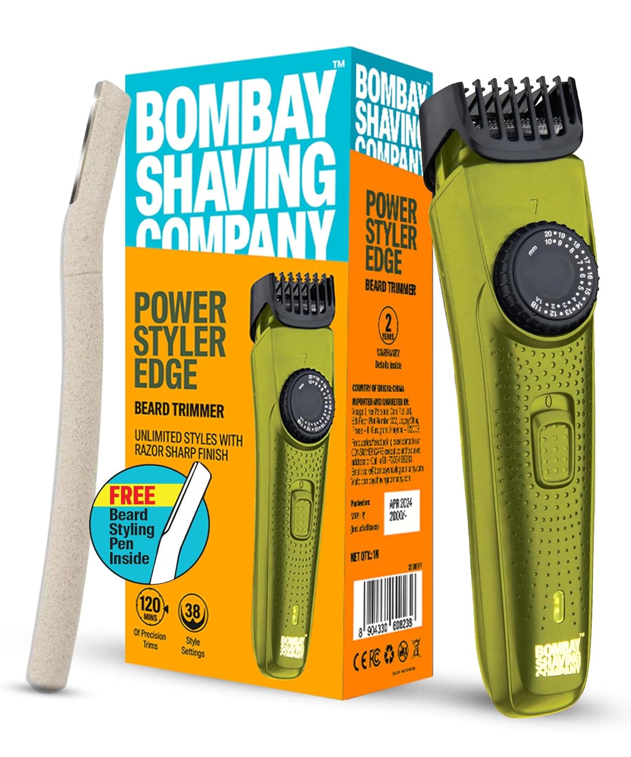 Bombay shaving company flash charging men beard trimmer with styling pen trimmer120 min runtime 38 length settings (green)