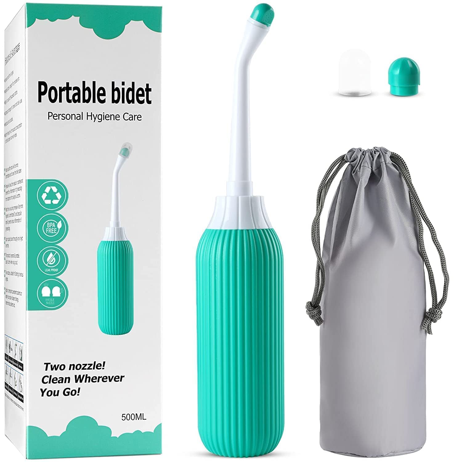 Arlicorping 500ml plastic retractable handheld bidet portable of antislip,angled nozzle spray easy to use portable bidet with travel bag (green)