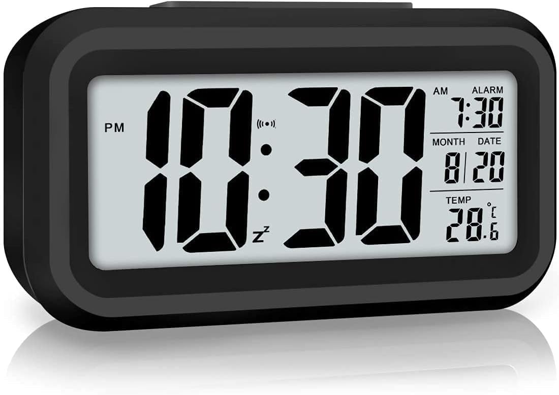 Aerys digital alarm clock with automatic sensor, date and temperature display,compact desk table clock for students, home, office, bedroom, living room,homedecor, corporate use (black digital)