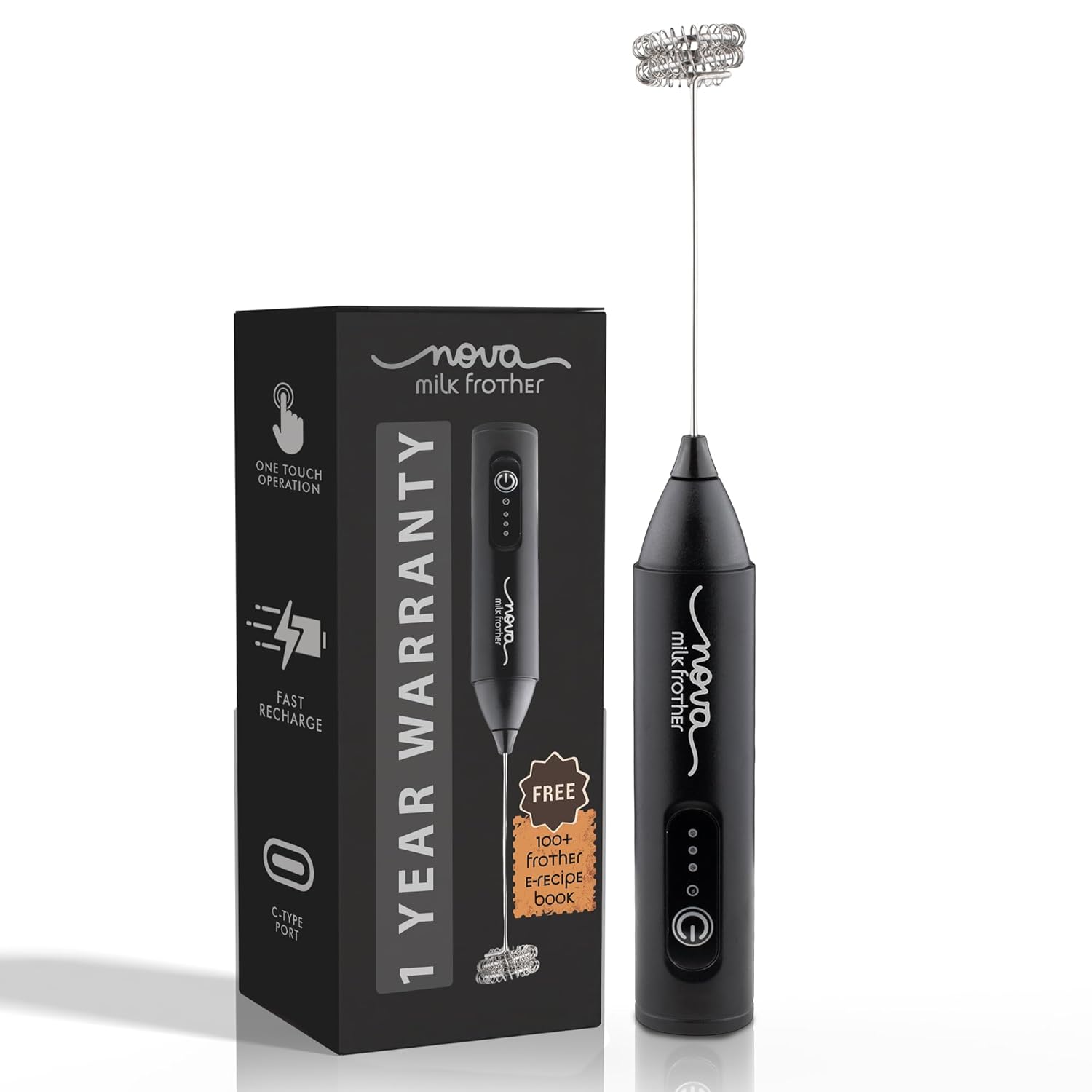 Getsetnova rechargeable milk frother & coffee whisker with dual spring tech | 1year replacement warranty | free coffee frothing recipe book (frother)