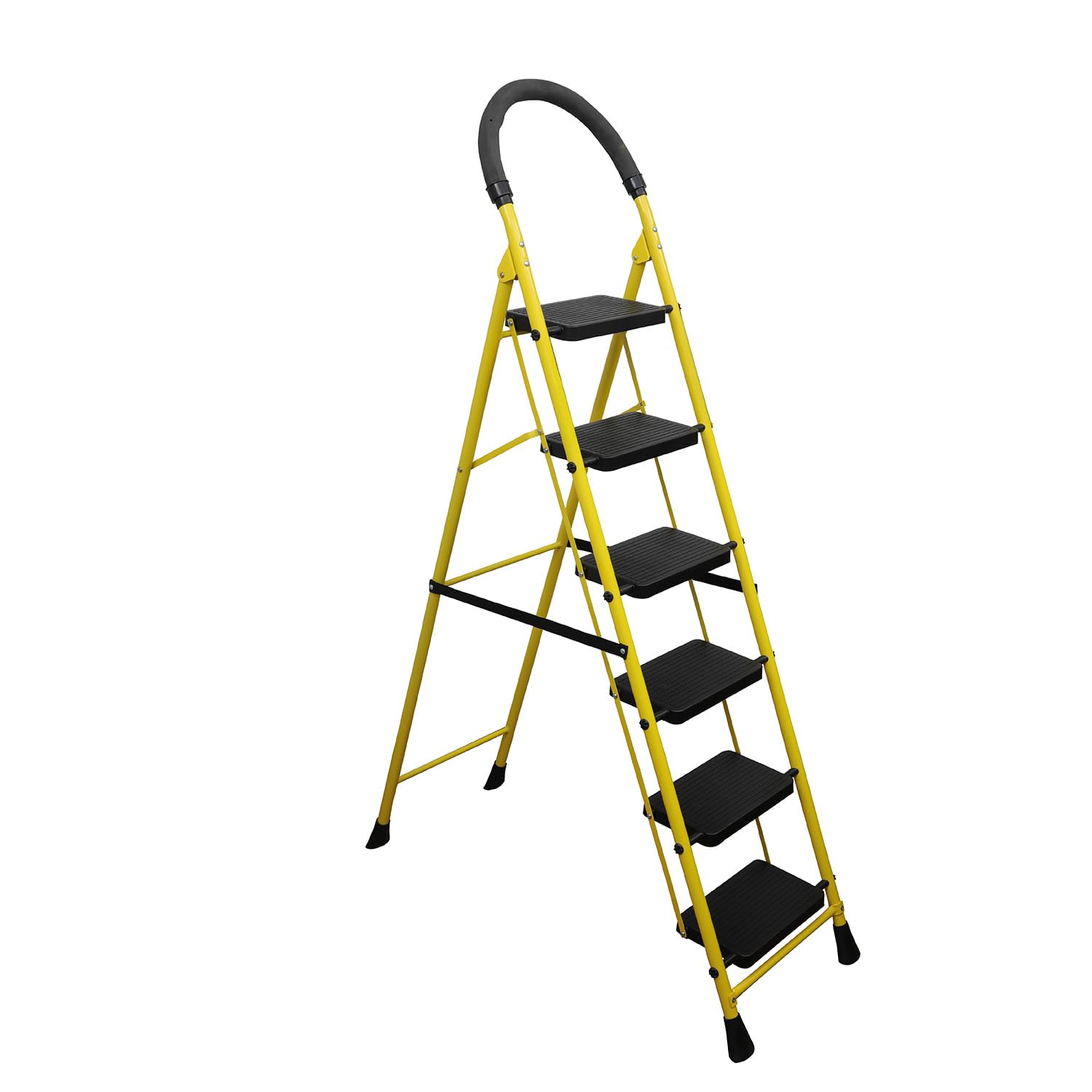 Bonkaso premium steel multipurpose climb swift 6-step foldable ladder withsafety clutch lock – anti-slip, heavy-duty design for indoor & outdoor use -(yellow & black)