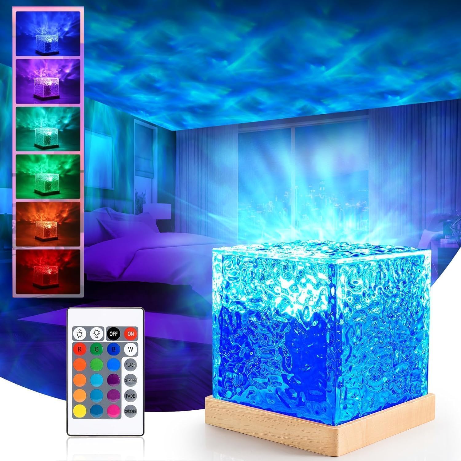 One94store acrylic romantic ocean wave night light projector lamp, 3d water waveeffect, led projection lamp for bedroom decor, remote control (cubeshape)multicolor